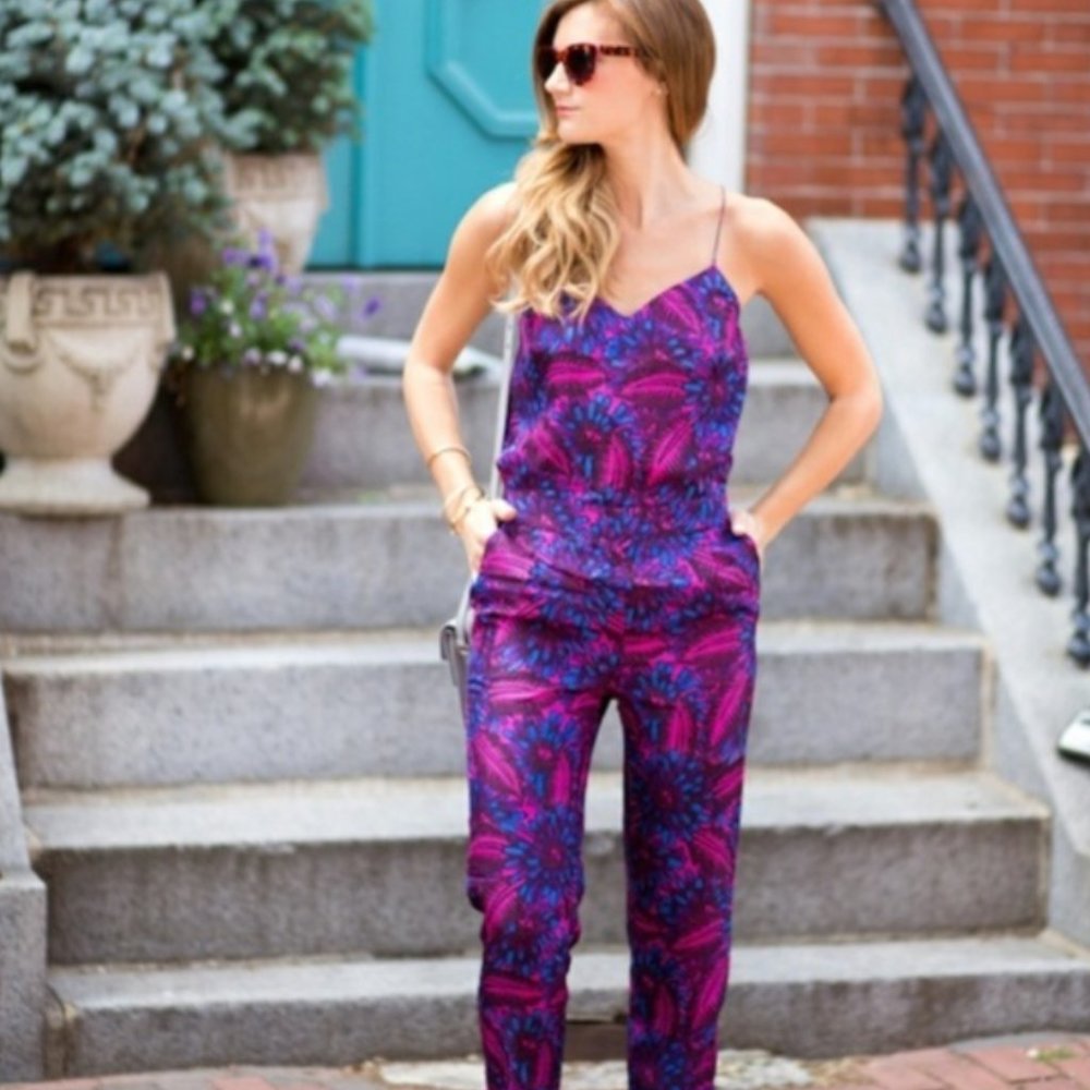 J. Crew Purple & Blue Printed Spaghetti-Strap Jumpsuit